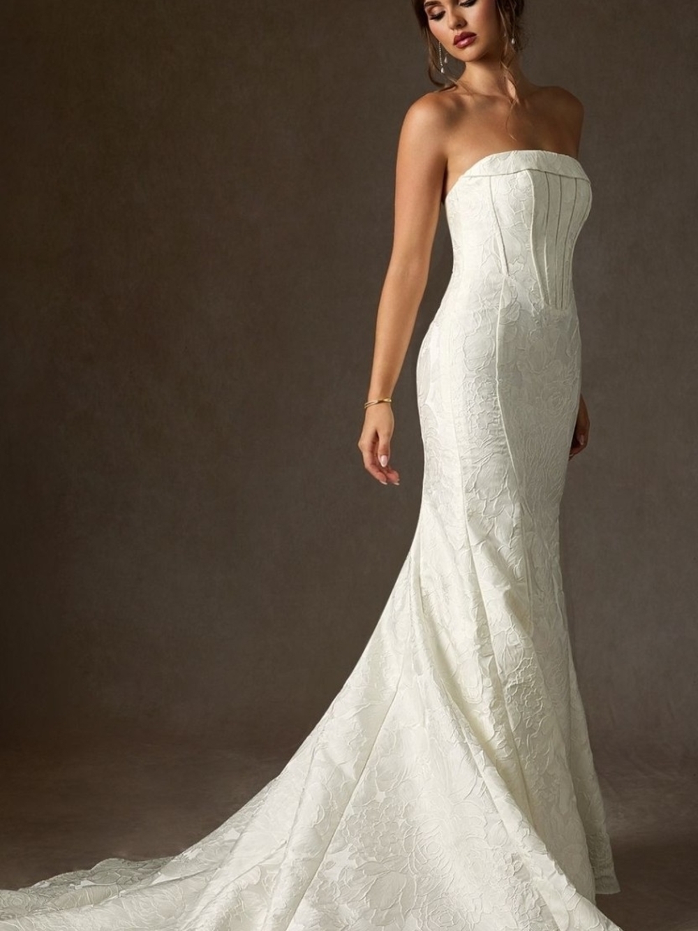 Azazie Kristella Ivory Strapless Floral Jacquard Mermaid Gown Size 16 Nwt - Picture 3 of 7